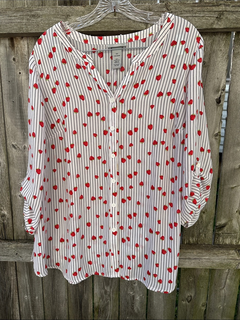 Catherines White Button-Down Shirt with Red Strawberry Print